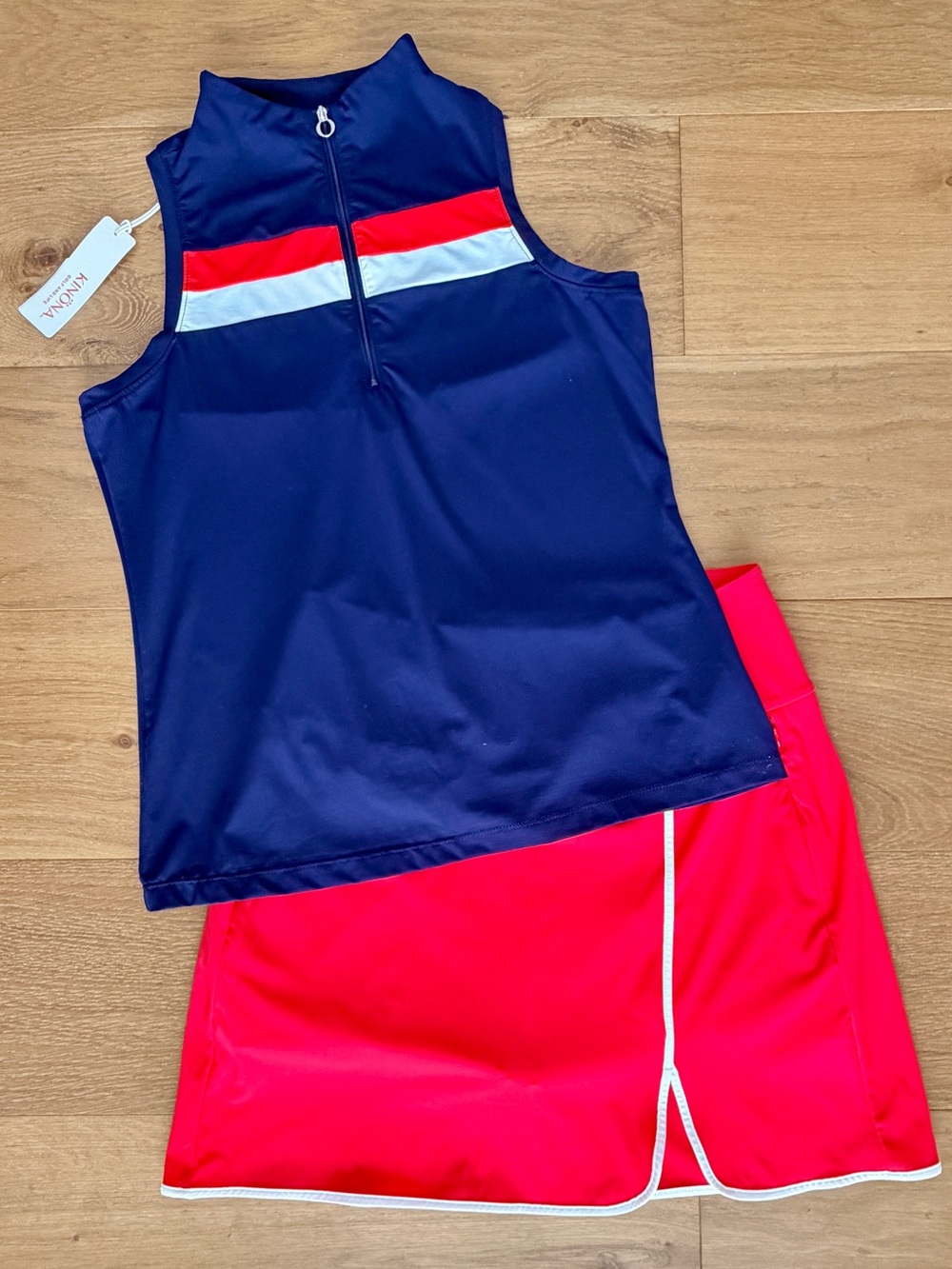 KINONA NWT Golf Skort Tank Top Outfit Set Tennis Sporty Navy Blue Coral Red Sm